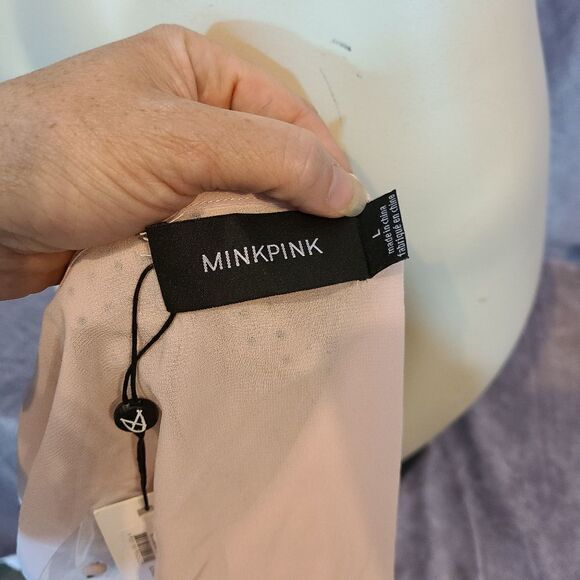 MINKPINK Pink Be Someone Flocked Dot Blouse Size Large - Picture 6 of 6